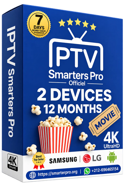 Abonnement IPTV Premium Smarters Pro (12 Mois) - Qualité 4K UHD (2 appareils)